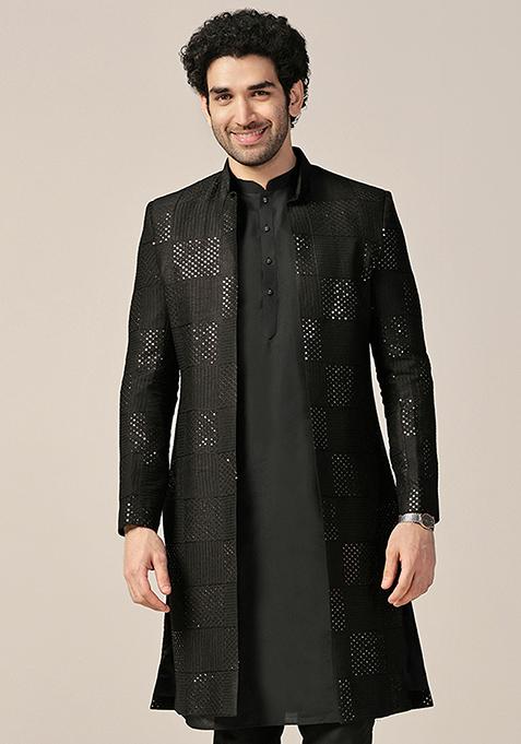 Black Embellished Viscose Rayon Sherwani
