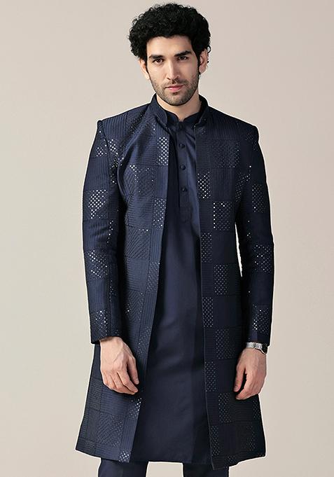 Blue Embellished Viscose Rayon Sherwani