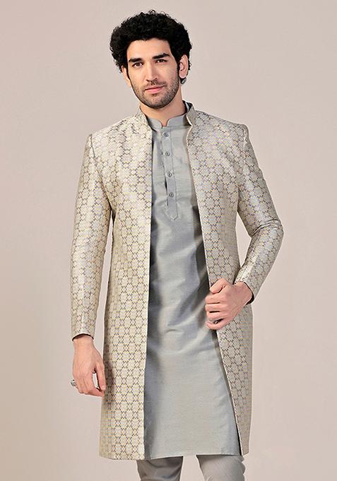 Grey Woven Design Silk Blend Sherwani