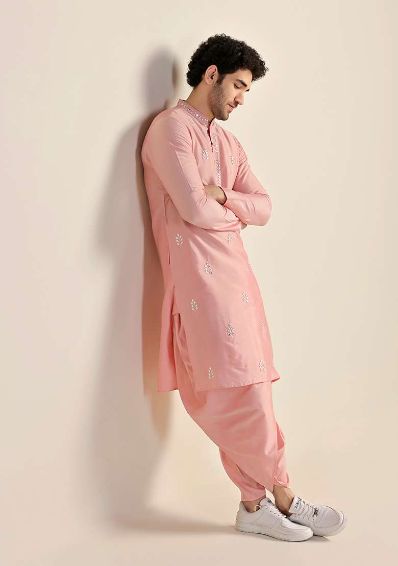 Pink Embellished Cotton Blend Kurta Set - Indya