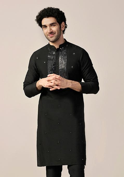 Black Embellished Cotton Blend Kurta