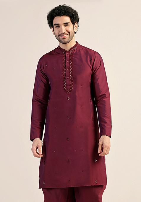 Magenta Embellished Cotton Blend Kurta