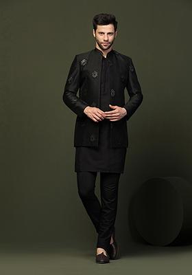 Black Embellished Cotton Blend Mid Kurta Bandhgala Set