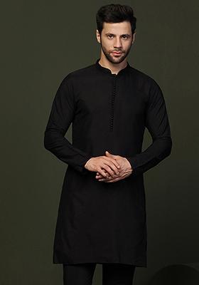 Black Solid Cotton Blend Mid Kurta