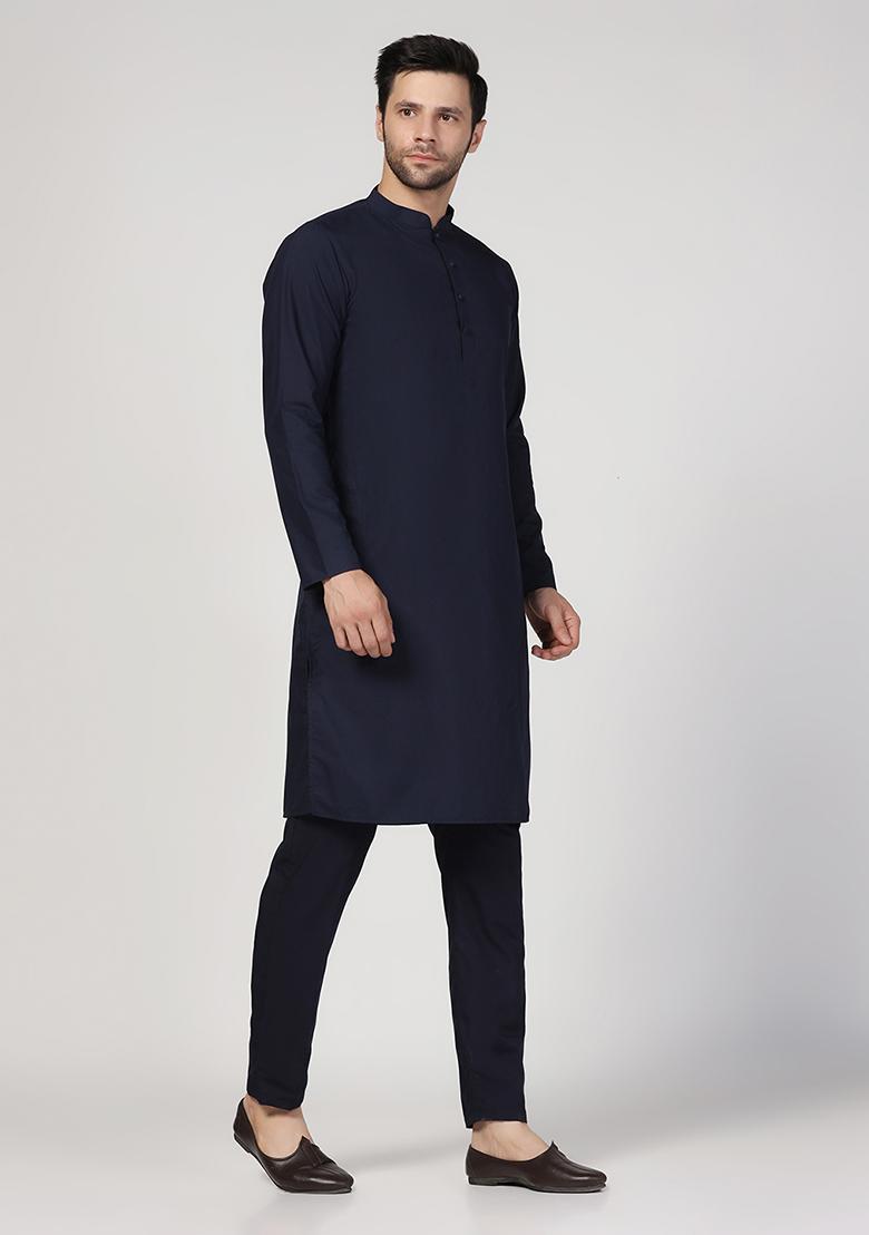 Blue Solid Cotton Blend Kurta - Indya