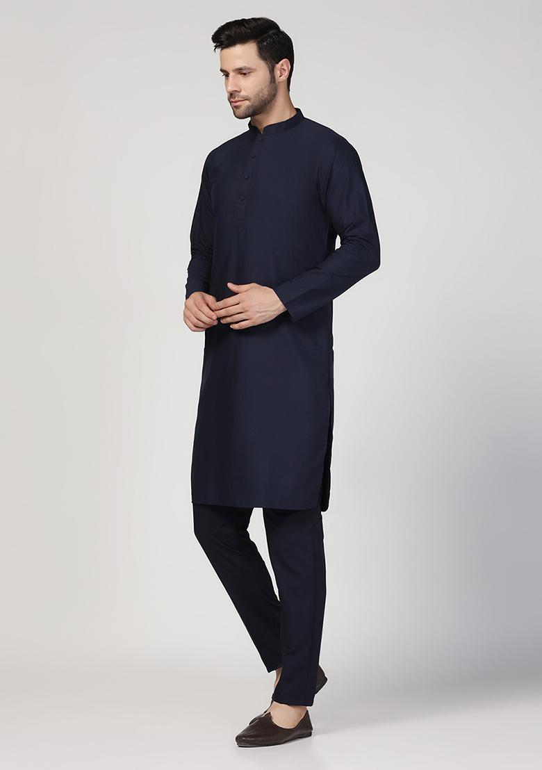 Blue Solid Cotton Blend Kurta - Indya