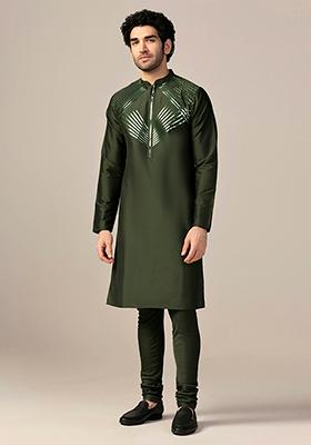 Olive Green Tape Work Embellishment Cotton Blend Kurta Set