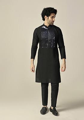 Black Embellished Cotton Blend Kurta Set