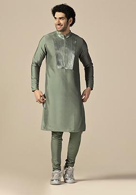 Green Embellished Cotton Blend Kurta Set