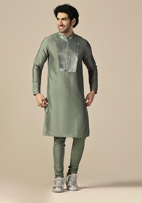 Green Embellished Cotton Blend Kurta Set