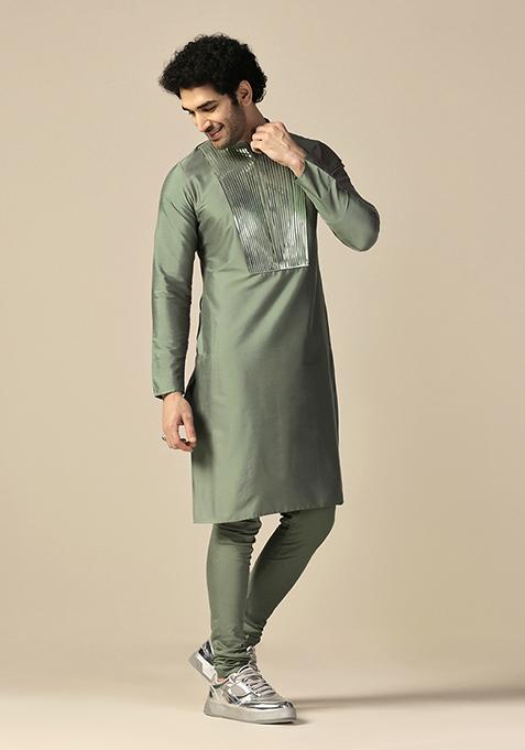 Green Embellished Cotton Blend Kurta Set