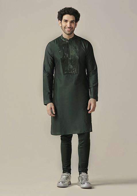 Green Embellished Cotton Blend Kurta Set