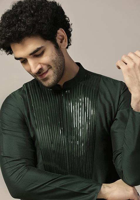 Green Embellished Cotton Blend Kurta Set