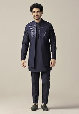 Blue Embellished Cotton Blend Mid Kurta Jacket Set