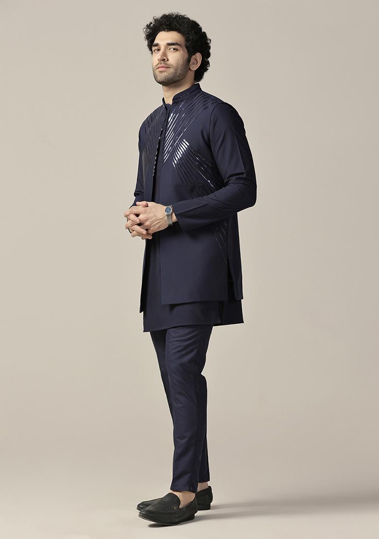 Blue Embellished Cotton Blend Mid Kurta Jacket Set - Indya