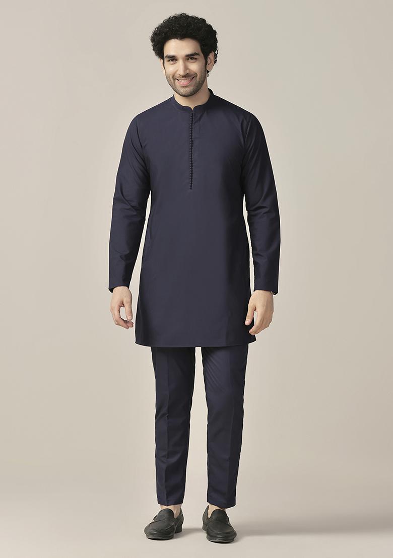 Blue Embellished Cotton Blend Mid Kurta Jacket Set - Indya