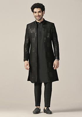 Black Textured Silk Blend Kurta Sherwani Set