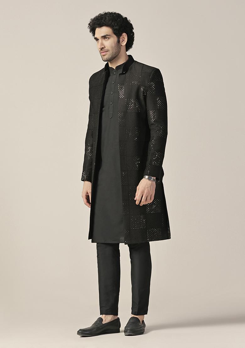 Black Textured Silk Blend Kurta Sherwani Set - Indya