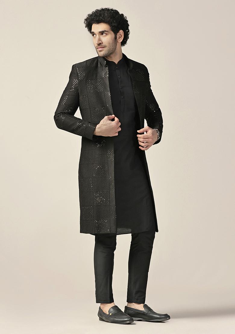 Black Textured Silk Blend Kurta Sherwani Set - Indya