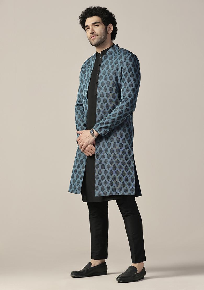 Blue Textured Silk Blend Kurta Sherwani Set - Indya