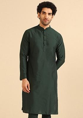 Bottle Green Solid Cotton Blend Kurta