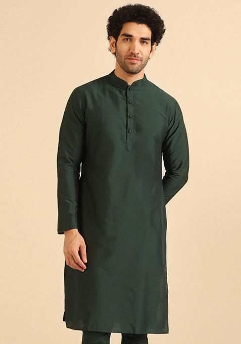 Bottle Green Solid Cotton Blend Kurta