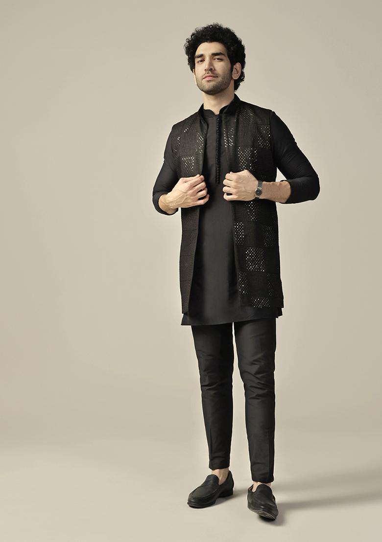 Black Embroidered Viscose Rayon Mid Kurta Jacket Set