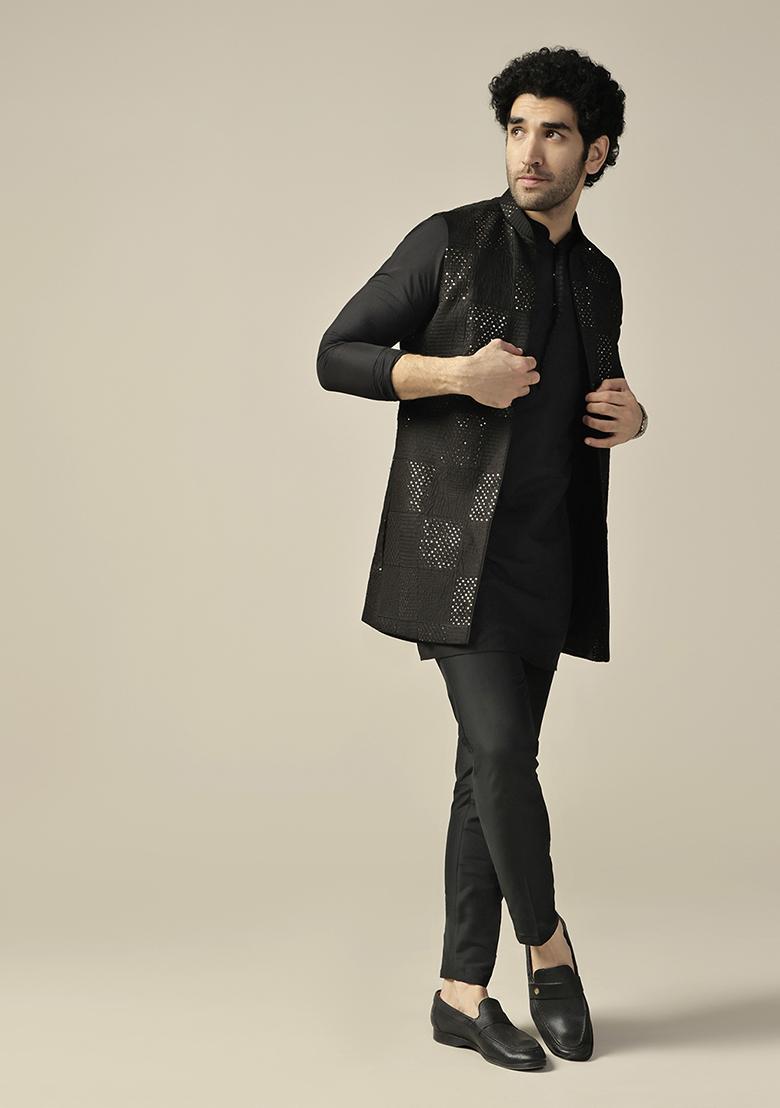 Black Embroidered Viscose Rayon Mid Kurta Jacket Set - Indya