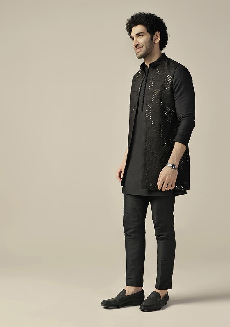Black Embroidered Viscose Rayon Mid Kurta Jacket Set - Indya