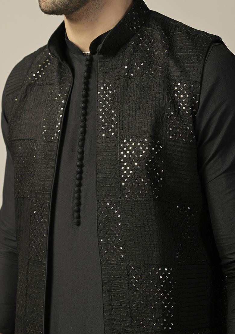 Black Embroidered Viscose Rayon Mid Kurta Jacket Set