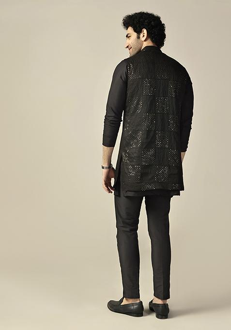 Black Embroidered Viscose Rayon Mid Kurta Jacket Set