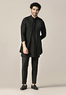 Black Jacquard Silk Blend Mid Kurta Jacket Set