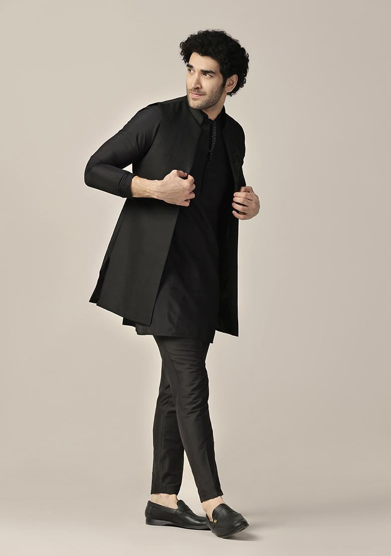 Black Jacquard Silk Blend Mid Kurta Jacket Set - Indya