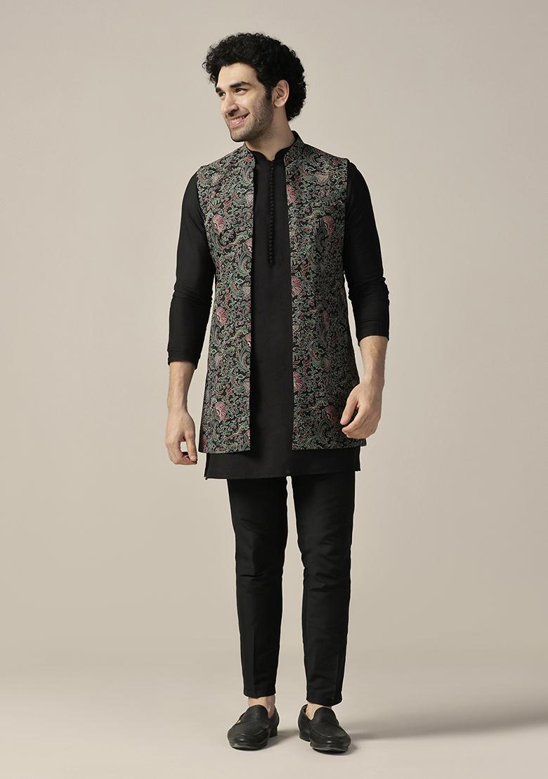 Black Printed Cotton Blend Mid Kurta Jacket Set