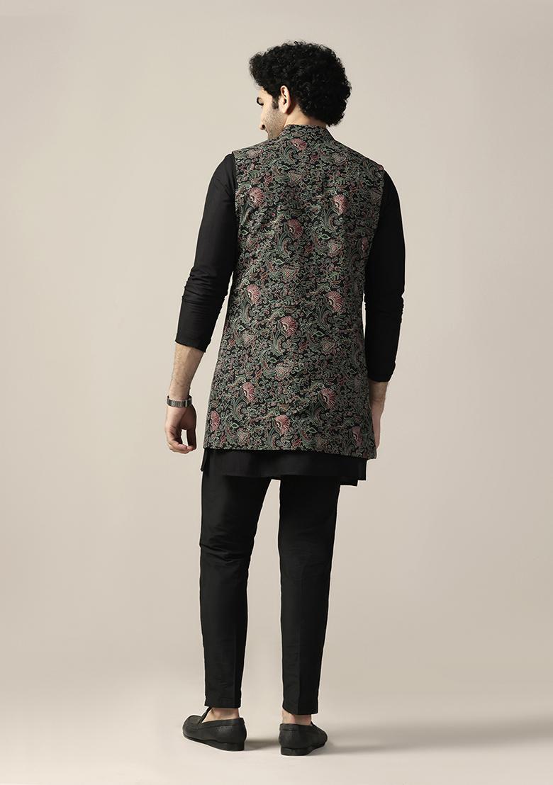 Black Printed Cotton Blend Mid Kurta Jacket Set