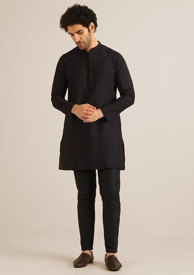 Black Printed Cotton Blend Mid Kurta Jacket Set