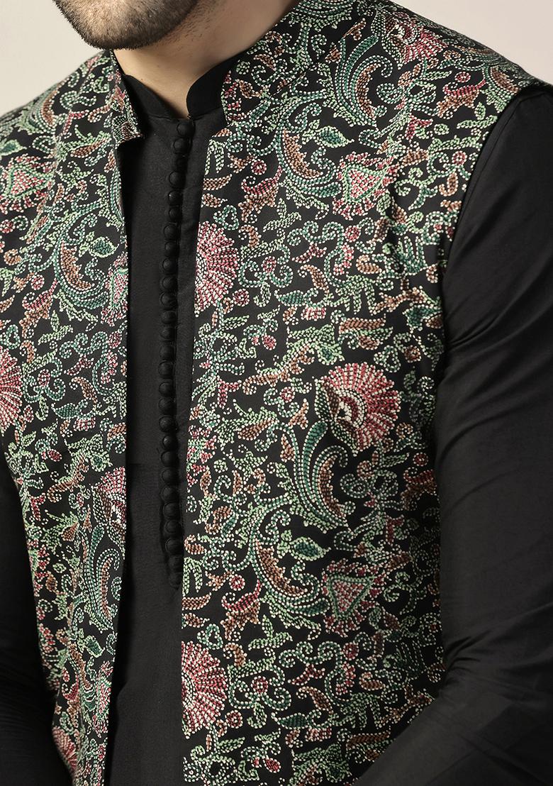 Black Printed Cotton Blend Mid Kurta Jacket Set