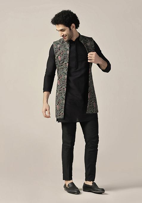 Black Printed Cotton Blend Mid Kurta Jacket Set