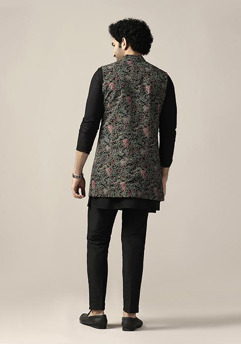 Black Printed Cotton Blend Mid Kurta Jacket Set