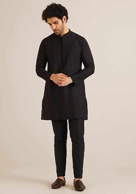 Black Printed Cotton Blend Mid Kurta Jacket Set