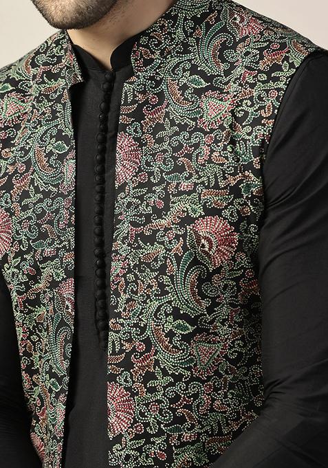 Black Printed Cotton Blend Mid Kurta Jacket Set