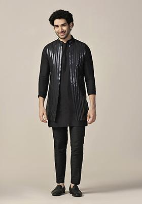 Navy Blue Tape Work Embellishment Cotton Blend Mid Kurta Jacket Set