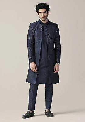Navy Blue Textured Silk Blend Kurta Sherwani Set