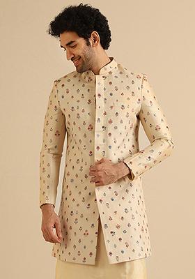 Cream Embroidered Cotton Blend Sherwani
