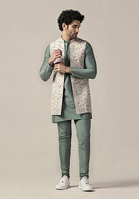Multicolour Printed Cotton Blend Mid Kurta Jacket Set