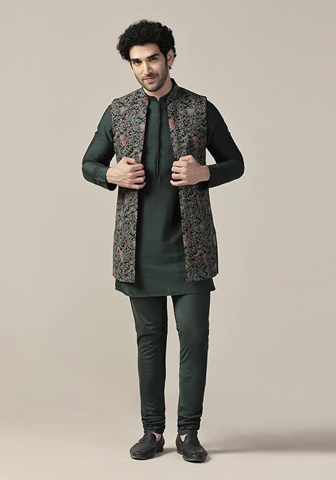 Multicolour Printed Cotton Blend Mid Kurta Jacket Set