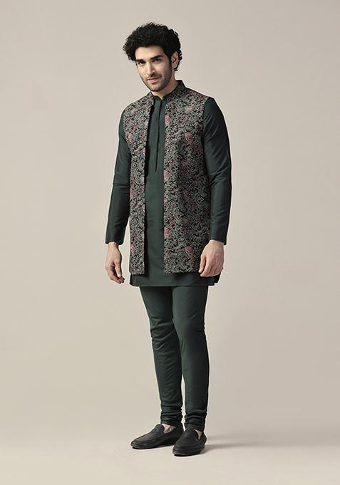 Multicolour Printed Cotton Blend Mid Kurta Jacket Set