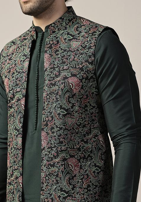 Multicolour Printed Cotton Blend Mid Kurta Jacket Set