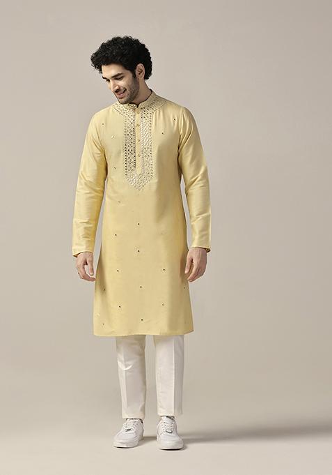 Yellow Embellished Cotton Blend Kurta Set