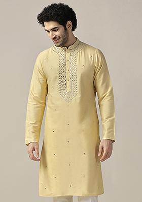 Yellow Embellished Cotton Blend Kurta